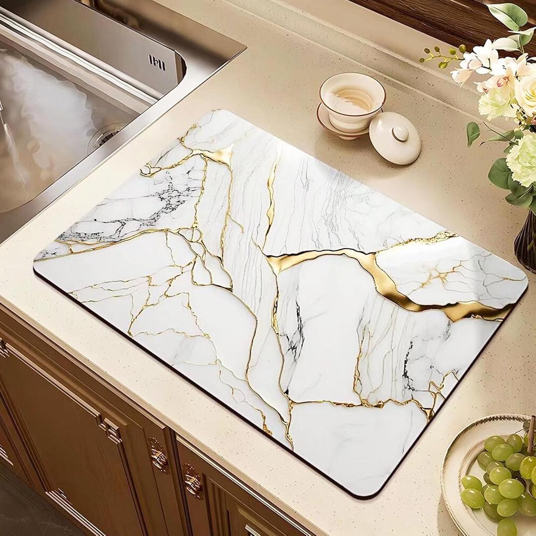 Coffee Mat or Dish Drying Mat Super Absorbent Drying Marble pattern Mat, Fit Under Coffee Maker Espresso Machine Absorbent Hide Stain Rubber Backed Dish Drying Mat for Kitchen Counter (12x 20white)