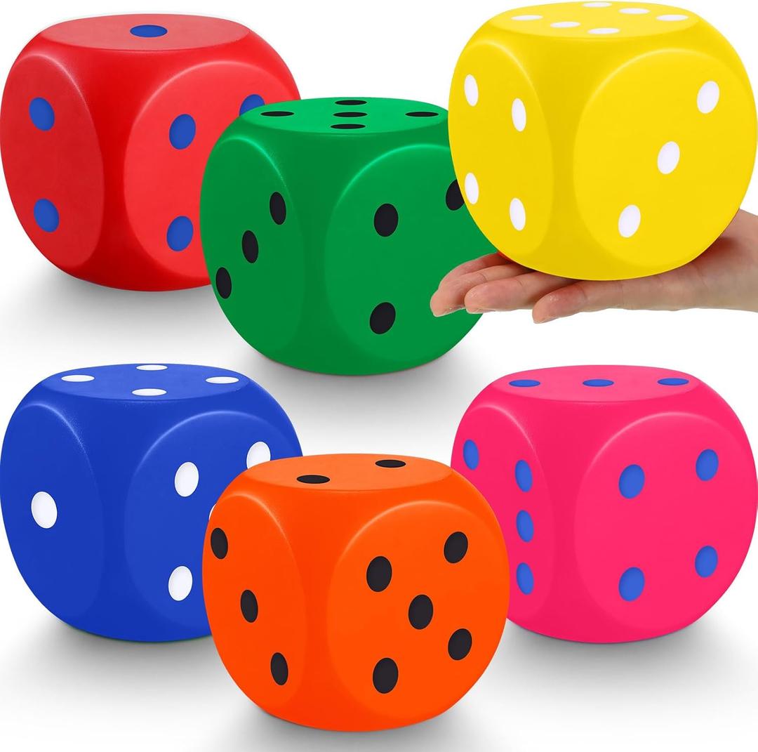 6 Pcs 4 Inch Large Foam Dice Giant Cube with 6 Sided Number Dots Jumbo Soft Slow Big PU Foam Stress Ball for Party Game Math Learning Props Stress Relief Gifts(6 Colors)