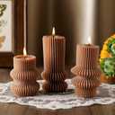 MTLEE 3 Pcs 4.7, 4.2, 3.2 in Height, Small Ribbed Pillar Candles Scented Aesthetic Modern Decorative Soy Wax Candles for Wedding Dinner Christmas Home Decor(Brown)