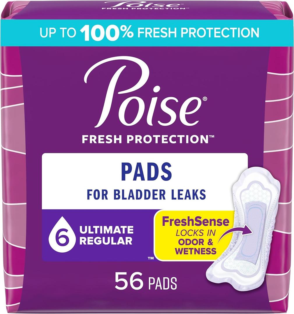 Poise Incontinence Pads and Postpartum Incontinence Pads, 6 Drop Ultimate Absorbency, Regular Length, 56 Count (Pack of 2), -