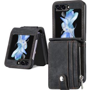 Cases for Galaxy Z Flip7 FE/Galaxy Z Flip 6 Wallet Case with Card Holder Retro 2 in 1 Detachable Zipper Flip PU Leather Protective Phone Cover for Galaxy Z Flip7 FE/Galaxy Z Flip 6 Black