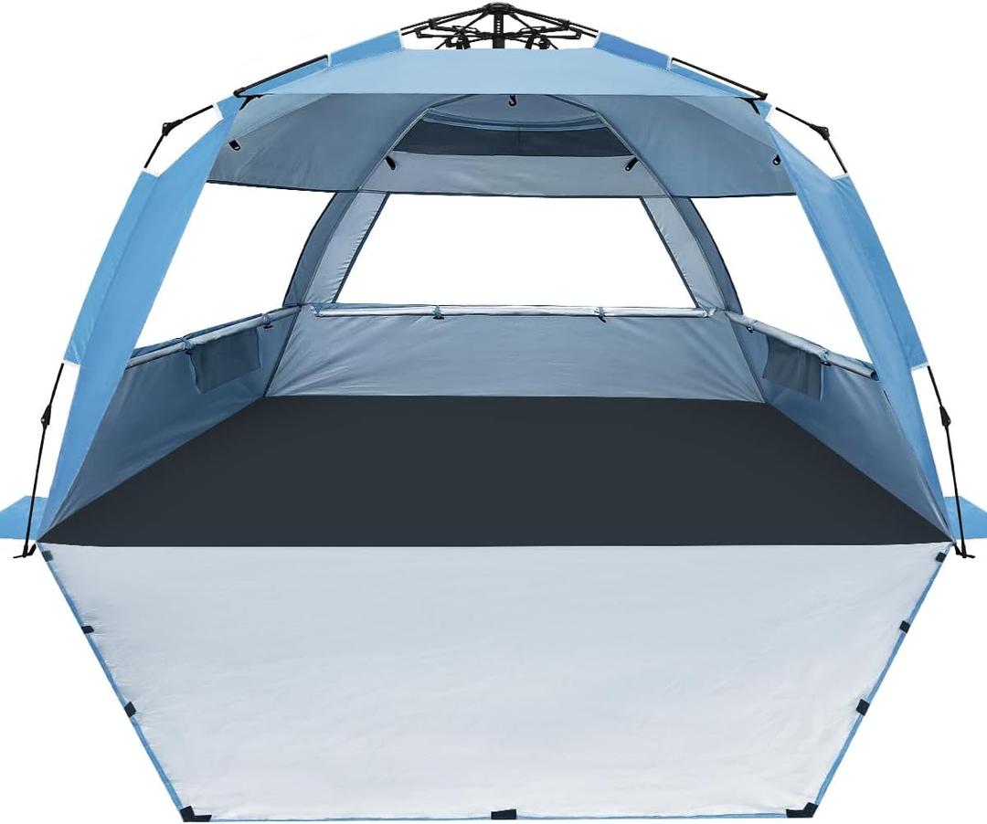 WhiteFang Deluxe Pop Up Beach Tent Sun Shade Shelter for 3-4/5-6 Person, UV Protection, Extendable Floor with 3 Ventilating Windows Plus Carrying Bag, Stakes, and Guy Lines (XL, Light Blue)