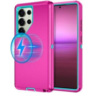 I-HONVA for Samsung Galaxy S25 Ultra Case [Compatible with MagSafe] Shockproof 3-Layer Full Body Protection [Without Screen Protector] Rugged Heavy Duty Cover Case for Galaxy S25 Ultra,Rose Red/Green