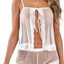 Kolagri Sexy Women Lace Pajamas Lingerie Set High Waist Sheer Sleepwear Bow Ties Cami Shorts Set (White, S)