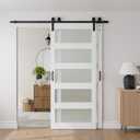 COSHOMER 34"x84" Double Bypass Barn Door with 6FT Track Hardware Kit Included, Frosted Glass, MDF with White Waterproof PVC, Space-Saving, Easy Assembly