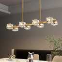 Dining Room Light Fixture,Gold Modern Crystal Chandelier Rectangular Pendant Light with 8 Light Farmhouse Chandeliers for Kitchen Island Dining Room Living Room Bedroom