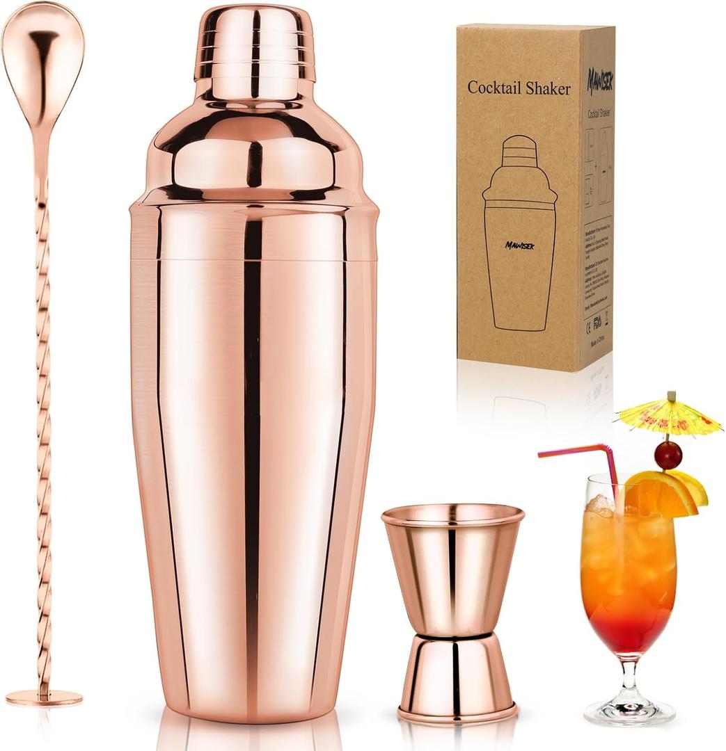 23oz Cocktail Shaker Set Martini Shaker Set Bartender Set with Margarita Mixer Drink Shaker, Measuring Jigger and Mixing Spoon - Professional 18/8 Stainless Steel Bar Tools (Rose Gold) (3pcs)