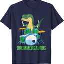 Funny Dinosaur Musician T Rex Drummer Boys Gift Drums T-Shirt Small, Navy Blue, M