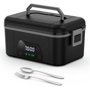 Cordless Heated Lunch Box, Smart Timer Automatic Heating Food Warmer for Adults, 5.5-Cup Portable Electric Lunch Container with Handheld Insulated Bag Dark Black