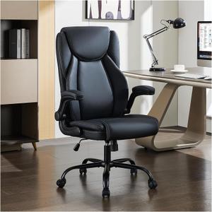Office Chair, Big and Tall 400 Lbs Ergonomic Home Computer Desk Leather Chair with Padded Flip Arms, Adjustable Tilt Lock, Double Lumbar Support, Swivel Chair for Working & Study(Black)