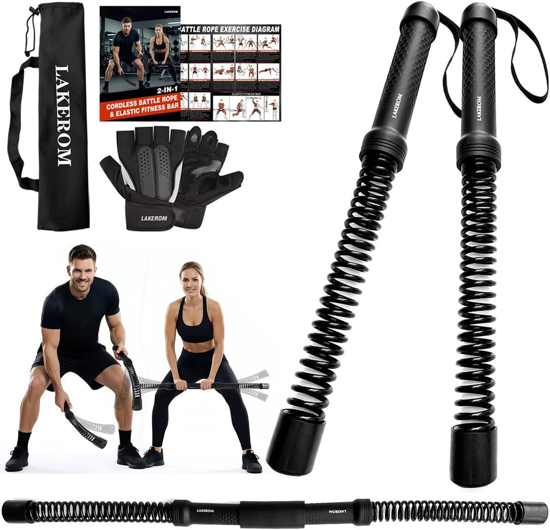 Ropeless Battle Ropes (2-in-1) Elatic Fitness Bar,Cordless Battle Ropes Sticks with Exercise Guide,Portable Home Gym Equipment for HIIT,Strength Low-Impact Workouts for Men & Women Black