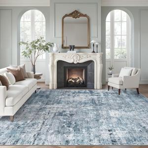 Soalmost Washable Area Rug 8x12, Large Soft Rugs for Living Room Vintage Blue/Grey Carpet 8x12 Area Rugs for Bedroom Dining Room Non-Slip Stain Resistant Under Table Rug