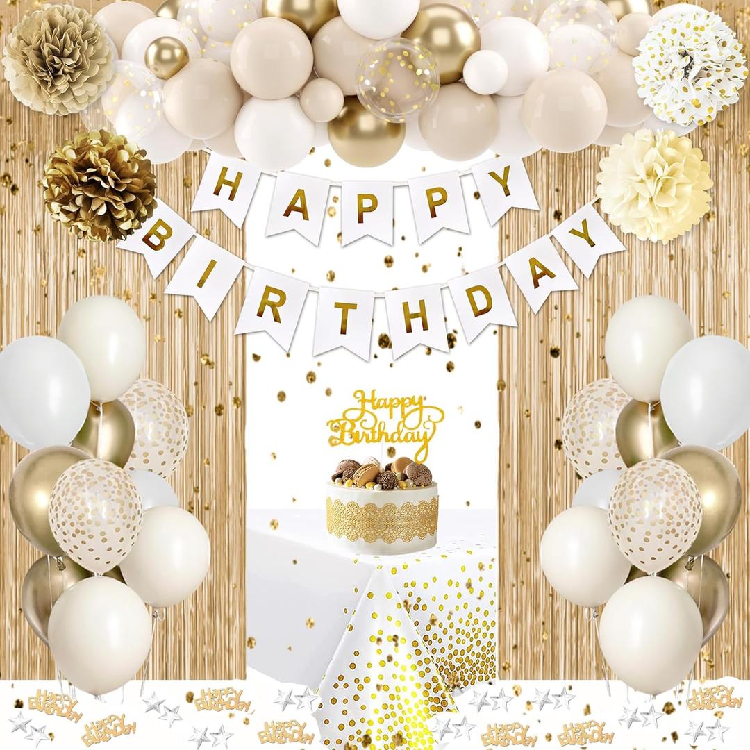 Golden Birthday Party Decorations, Gold Party Decorations, White and Gold Balloons Happy Birthday Banner Tablecloth Fringe Curtain Paper Pom Poms Kids Women Men Girls Boys Birthday Golden Bday Decor