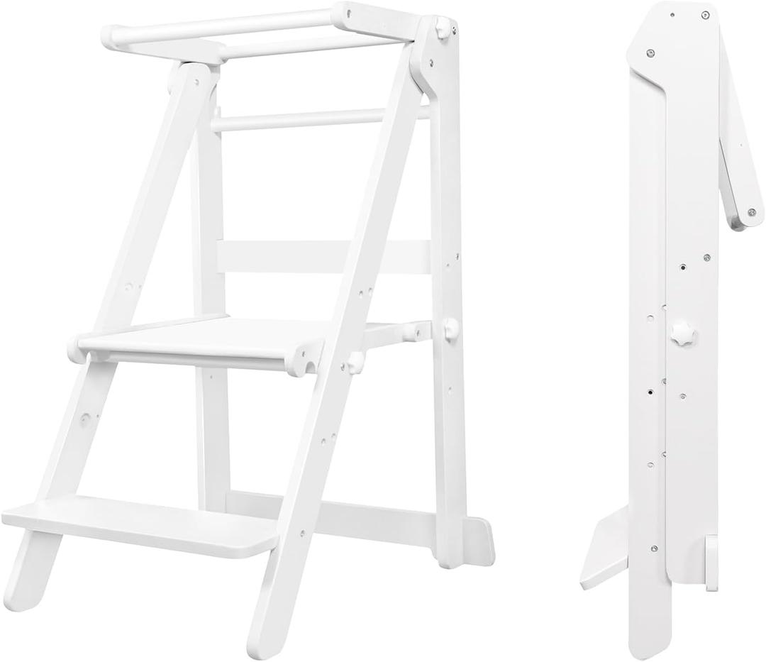 Foldable Toddler Learning Standing Tower, WOOD CITY Montessori Kitchen Step Stool Helper with 3 Adjustable Heights Learning Kitchen Tower (White)