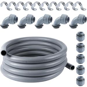 Liquid-Tight Conduit 1-1/2 inch 25ft, Electrical Conduit w/UL Certification, Flexible Conduit with 5 Straight and 5 90-Degree Conduit Connector Fittings Gray
