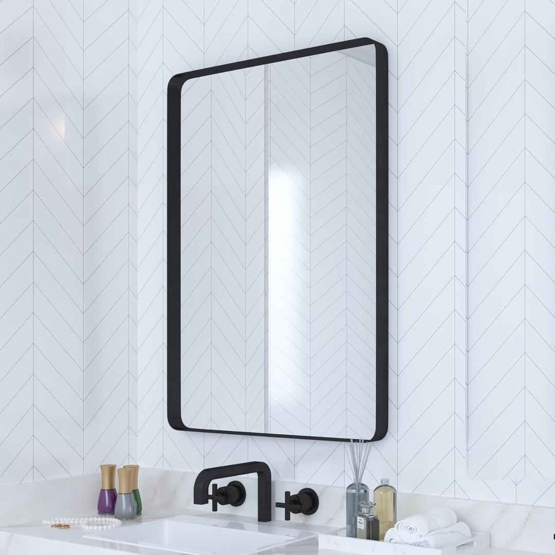 VocalStar Black Metal Framed Bathroom Mirror for Wall, 22 x 30 Inch Rounded Rectangle Matte Black Bathroom Vanity Mirror Farmhouse, 1/4-inch Shatterproof Glass | Ultra-Flush Hanging