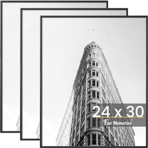 Fun Memories 24x30 Poster Frame for Photo, Posters & Art Prints, Horizontal or Vertical Wall Mounting Scratch-Proof Wall Gallery Photo Frame (Black, 3 Pack)