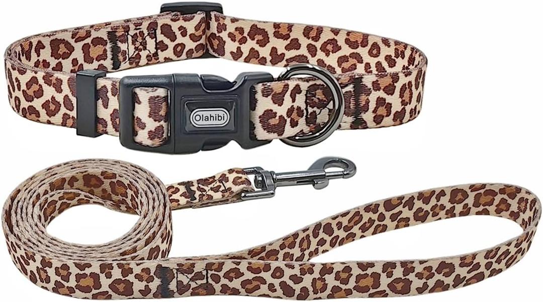 Dog Collar and Leash Combo Set, Leopard Pattern, Polyester Material, 150CM Matching Leash, for Small Puppy Dogs.(S, Light Coffee Leopard)