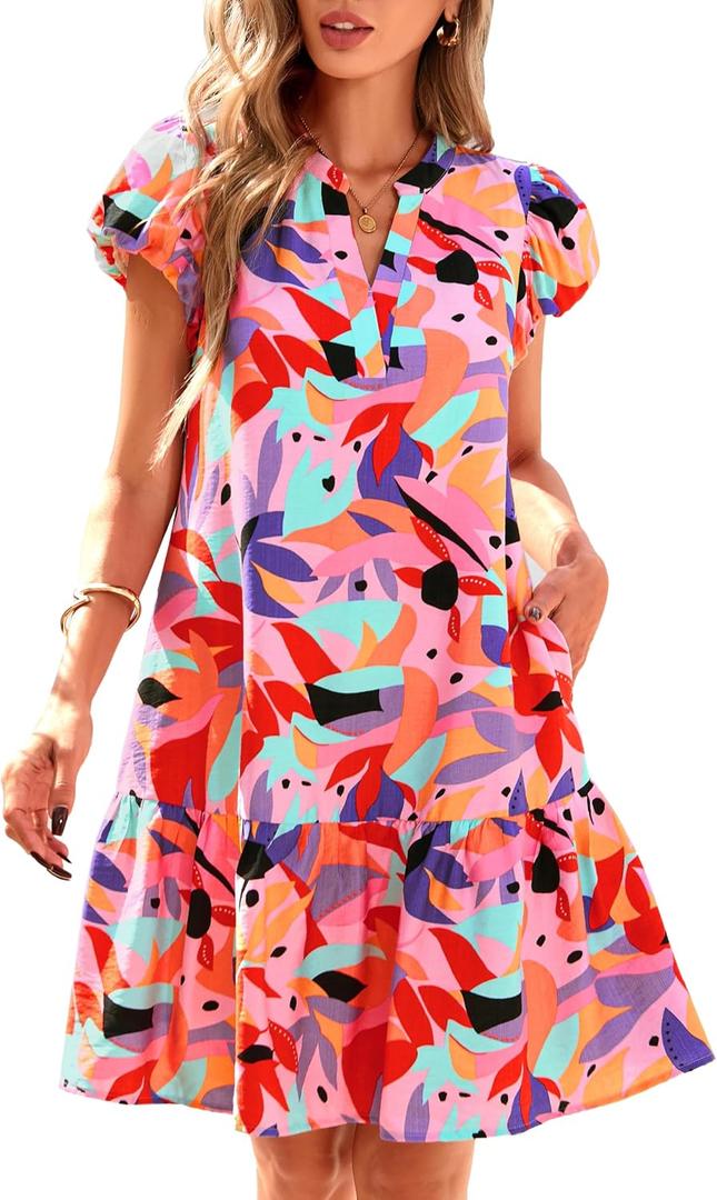 dowerme Womens Summer Dresses 2026 Puffy Sleeve V Neck Loose Floral Print A Line Boho Mini Babydoll Dress with Pockets