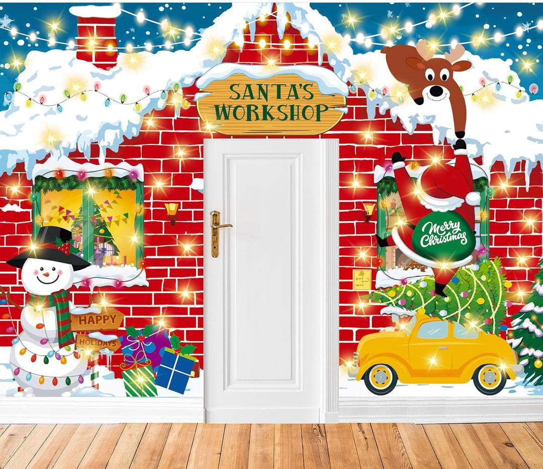 Peryiter 3 Pcs Life Size Christmas Door Cover Banner with LED Light Red Brick Santa's Workshop Decorations Large Classroom Door Decorations Xmas Party Porch Banner for Holiday House Front Background