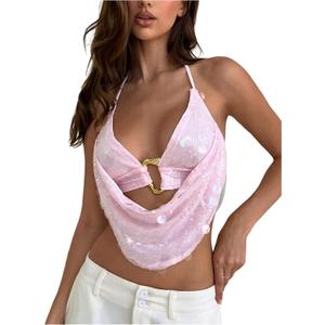 MakeMeChic Women's Summer Crochet Halter Tank Top Open Back Draped Front Rave Festival Vacation Going Out Tops (Pink, S)
