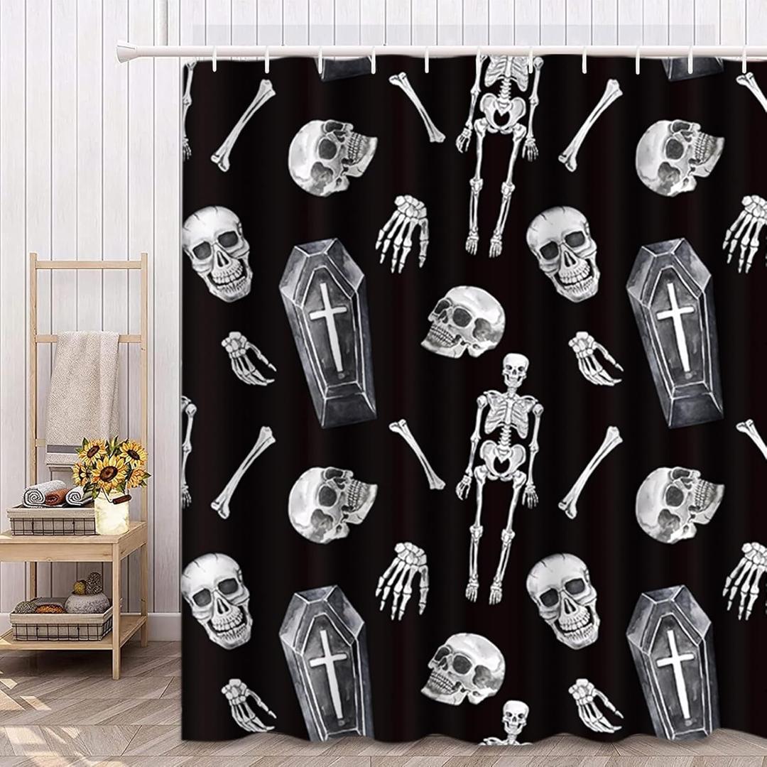 Bayson Spooky Halloween Shower Curtain, Creepy Skull Skeleton Coffin on Black Background Bath Curtain for Bathroom Decor Waterproof Polyester Fabric 72 x 72 Inches Set with Hooks