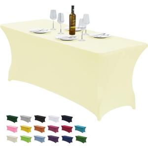 CWK 8FT Waterproof Stretch Spandex Table Cover for Rectangular Tables - Elastic Fitted Tablecloth for Folding Tables,Wrinkle Resistant Table Cloth for Parties, Weddings, Banquets & Events (Beige)