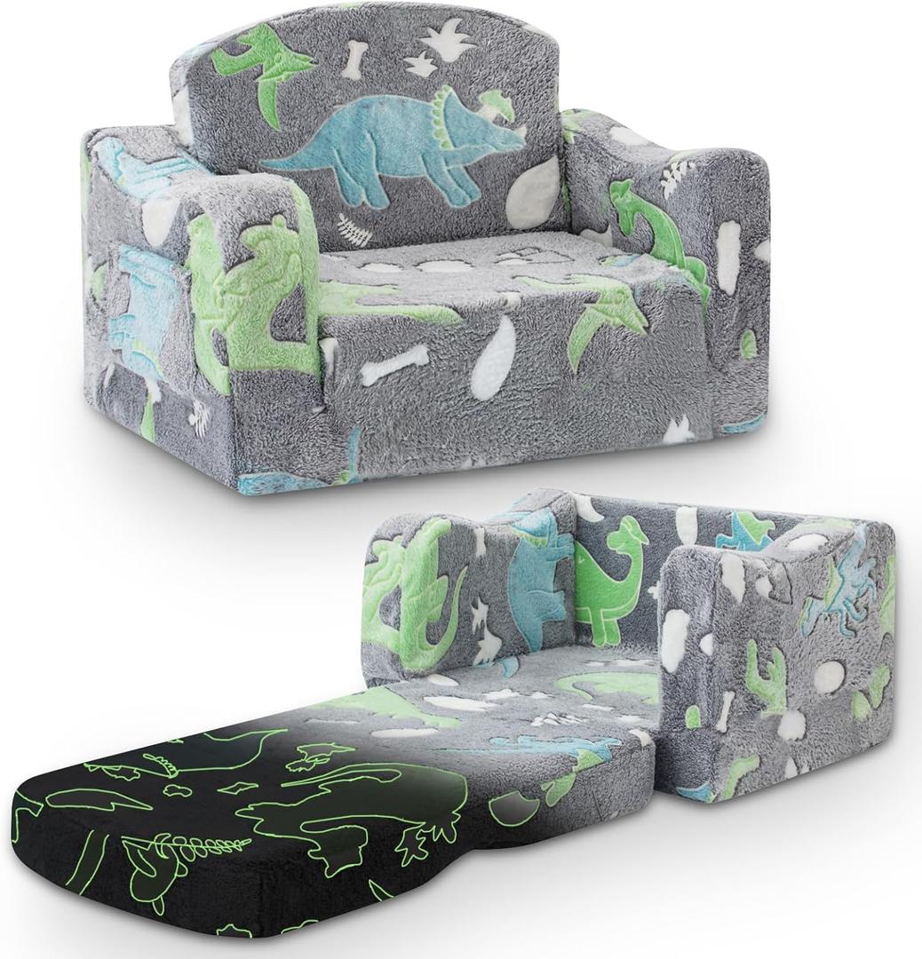 aodisman Thick Comfy Toddler Chair and Couch for Kids,2-in-1 Soft Plush Fold Out Sofa for Children,Convertible Couch to Lounger for Toddler (Gray Dinosaur)