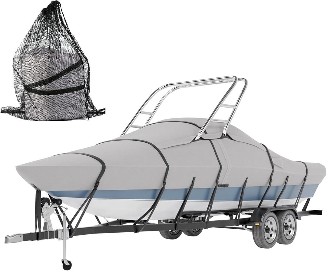Tuszom 900D Solution Dyed 100% Waterproof Ski & Wakeboard Tower Boat Cover with 11+6 PCS Windproof Straps Fit V-Hull Runabouts OutBoards and I/O (Gray, 20'-22'L, Beam Width to 106" W)
