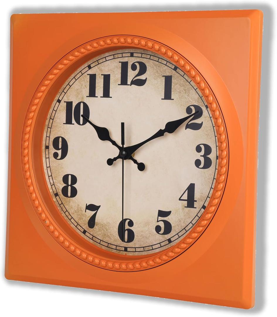 Vintage Wall Clock 1950s Style - Retro 50's Mid Century Square Wall Clocks Battery Operated Silent for Kitchen, Home Decor - 12 Inch, Orange