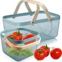Cheardia 2 Pack Picnic Baskets, Metal Mesh Harvest Basket with Foldable Wooden Handle, Rectangle Garden Storage Basket Bin for Vegetable Fruit Garden Kitchen Cabinet Picking Gathering, Blue