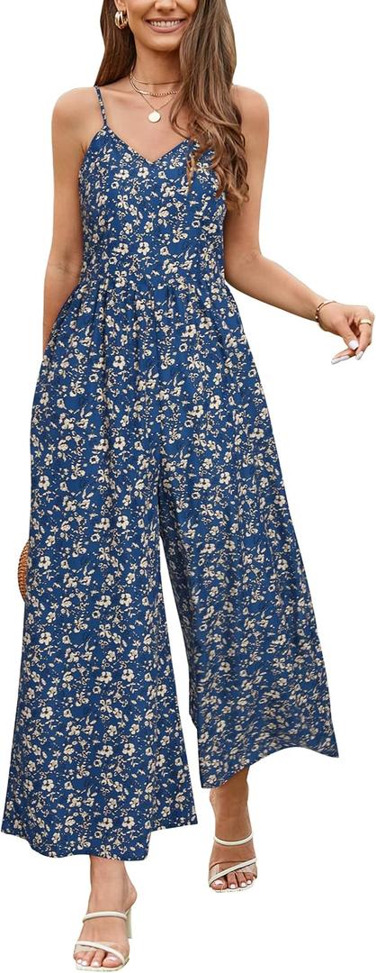 LAISHEN Wide Leg Jumpsuits for Women Dressy Casual 2024 Summer Rompers Smocked Sleeveless Floral Jumpers with Pockets (Large)