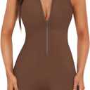 Womens Fashion One Piece Unitard Bodysuits Stretch Yoga Fitness Zipper Rompers Running Gym Sports Jumpsuits L Brown