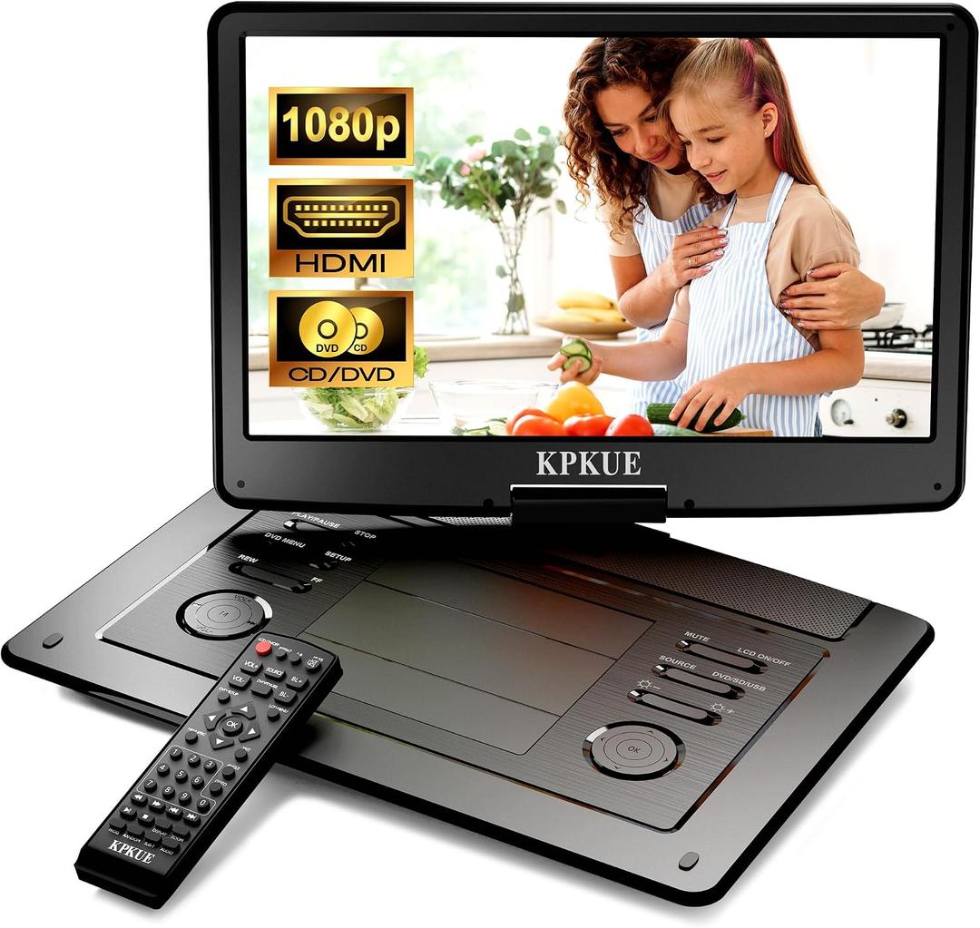 KPKUE 18 Portable DVD Player with 15.6-inch 1080P Swivel Screen, HDMI Input, Large Matte Monitor Protect Eyes, 4-Hour Battery Life, Region Free, Support Multi-Disc, Type-C, USB&SD Card for Road Trip