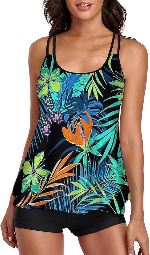 Urchics Womens 2025 Tankini Swimsuits Tummy Control Flowy Swimwear Two Piece Bathing Suits Swim Tank Top with Boyshorts (Medium, Tropical Green)