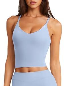 LASLULU Women's Workout Tops Basic Wireless Bra Camisole Cropped Cute Summer Exercise Compression Gym Shirts 2025 Tank Top with Built-in Bra (Shell Blue Large)