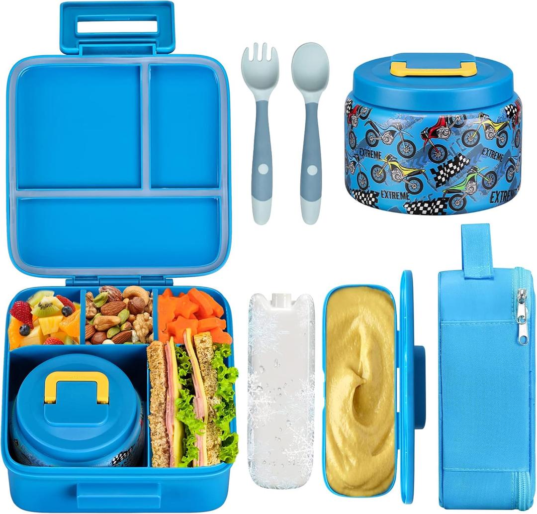 JXXM Bento Lunch Box for Kids With 8oz Soup thermo,Leak-proof Lunch Containers with 5 Compartment,thermo Food Jar and Lunch Bag, Food Containers for School (A-Blue(Extreme Locomotive))