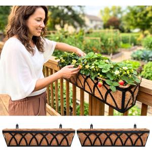 LaLaGreen Deck Railing Planter Boxes (30 Inch, 2 Pack) Wall Hanging Planters for Outdoor Plants, Black Metal Rectangular Window Flower Box with Coco Liner, Horse Trough Rail Fence Porch Patio Decor