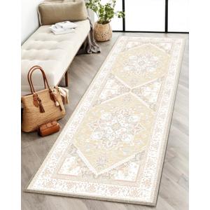 BESTSWEETIE 2x6 Area Rugs for Living Room Washable Non Slip Carpet Low Pile Soft Vintage Print Pattern Rug for Bedroom Dining Room Kitchen Entryway Indoor-Cream/Light Yellow/Brown/Blue/Red/Pink