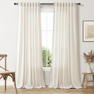 Boho Linen Curtains 2 Panels 95 Inches Long for Living Room Bedroom Cream Light Filtering Country Farmhouse Curtains Back Tab Pocket Natural Semi Sheer Vintage Chic Tassels Curtain Drapes 52x95