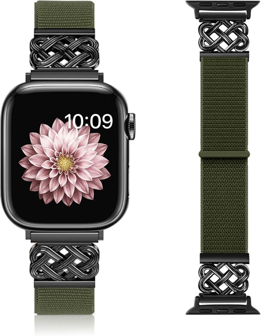 Nylon Bands Compatible with Apple Watch Band 38mm 40mm 41mm 42mm 44mm 45mm 46mm 49mm Women Men,Stretchy Adjustable Interlock Buckle Strap for iWatch Series 10 9 8 7 6 5 4 3 SE Ultra 2 1 (Army green)