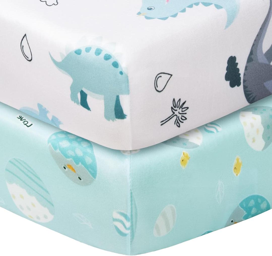 Graco Pack and Play Mattress Sheets Fitted, Dinosaur Mini Crib Sheets 2-Pack for Pack 'n Play Mattress, Stretchy Playard Sheets