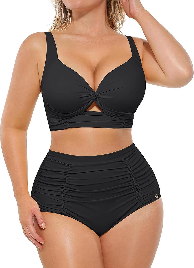 SHAPELLX High Waisted Bikini Tummy Control Two Piece Swimsuits for Women Ruched Bathing Suit Twist Front Bikini Sets (Black, M)