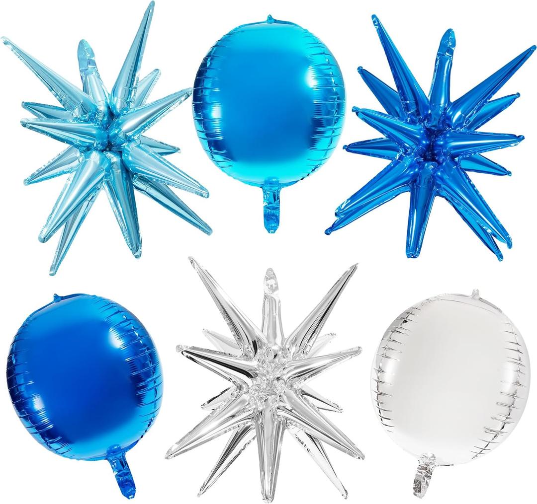 6 pcs Blue 4D Round Balloons, Royal Blue Sliver Birthday Decorations, 22 Inch Giant Star Explosion Foil Balloons Large Mylar Balloon for Birthday Party Gender Reveal Supplies