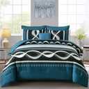 Anibedding Comforter Set Queen Size, 8 Piece Teal Boho Bed in a Bag, Striped Patchwork Comforter Bedding Set for All Season(90"90")