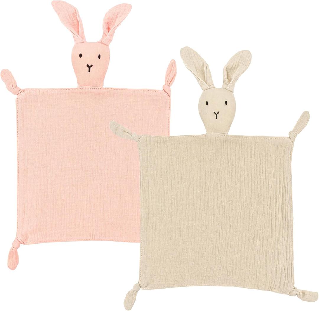 ZIGJOY Bunny Lovey Muslin Cotton Baby Security Blanket Soft Breathable Lovies for Babies Gifts for Newborn Infant Toddler Boys and Girls, Pink & Khaki