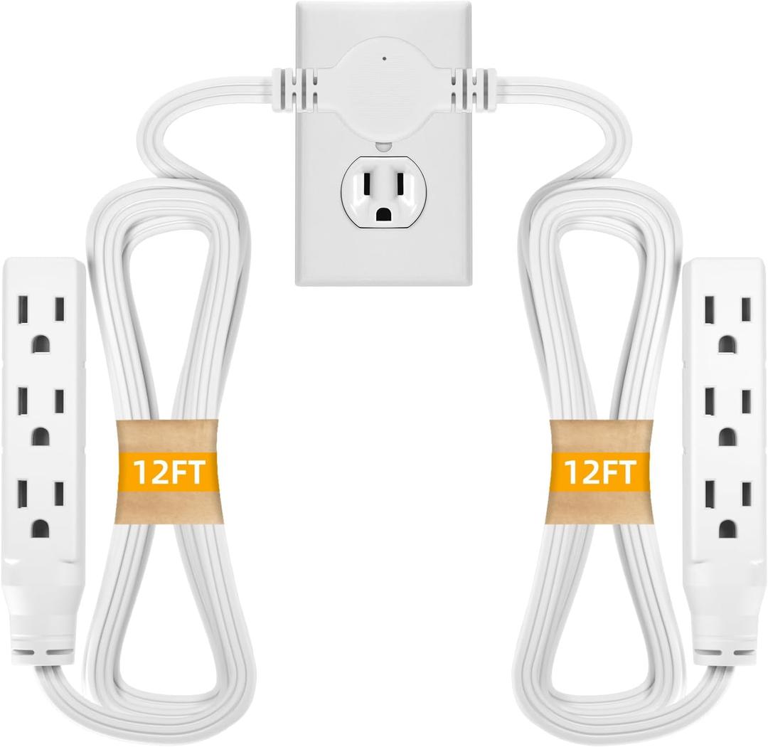 STARELO Twin Extension Cord Receptacle, 24FT, Flat Plug Extension Cord with 6 3-Prong Receptacles, 12FT Long on Each Side,Twin Extension Cord for Behind Beds, Sofas,Dressers, Furniture,etc(White)