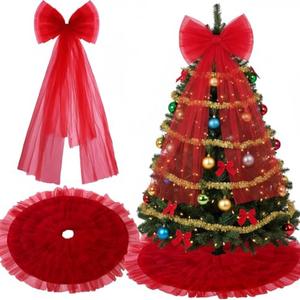 Knitgrip 2 Pcs Red Christmas Tree Decoration Giant Red Bow Christmas Tree Topper 47 x 24 Inch Fabric Extra Large Bow Decor Artificial Xmas Skirt for Home Winter Holiday Party Wedding Ornament