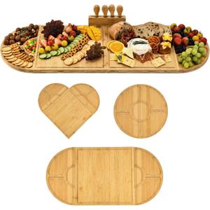 Bamboo Charcuterie Boards and Knife Set, 4 in 1 Long & Round Magnetic Extra Large Cheese Platter - Gifts for House Warming New Home, Bridal Shower, Wedding