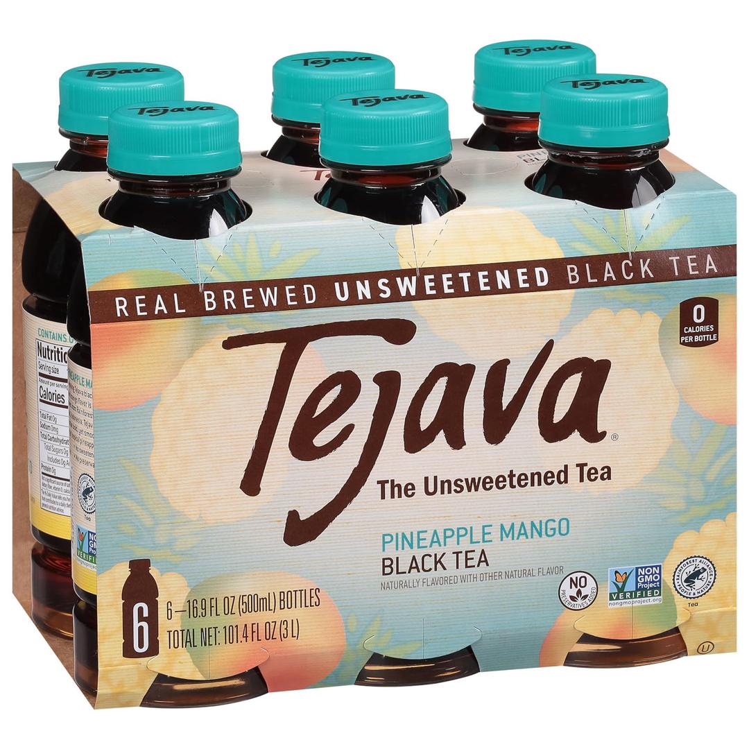 Tejava Pineapple Mango Black Tea, 6 Pack 16.9 oz PET, Unsweetened, Ready-to-Drink Premium Iced Tea (EXP 08/12/26)